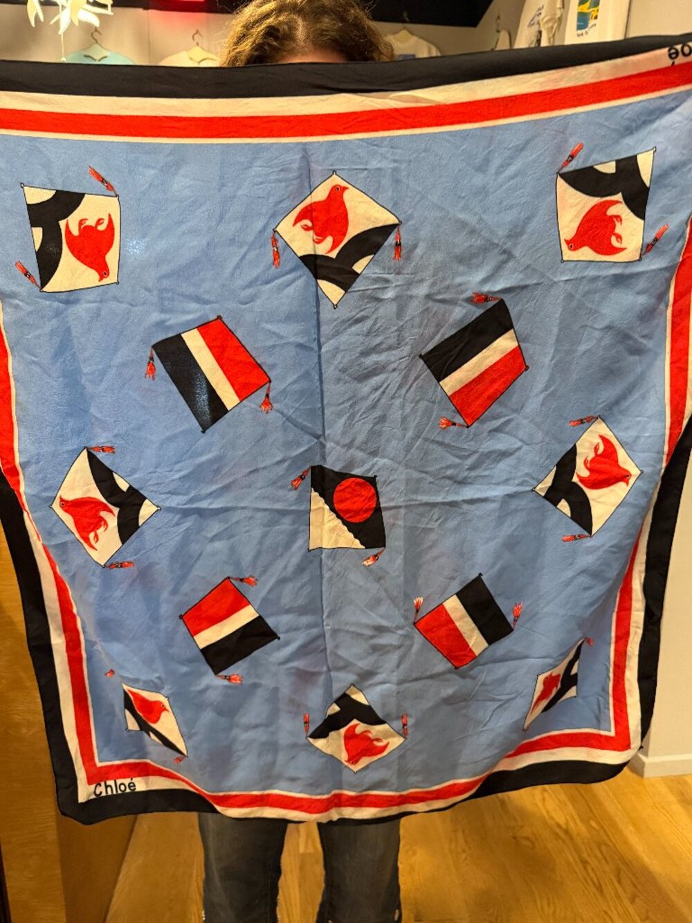 Vintage Chloé Kite Print Square Scarf Blue Red Black 28x28